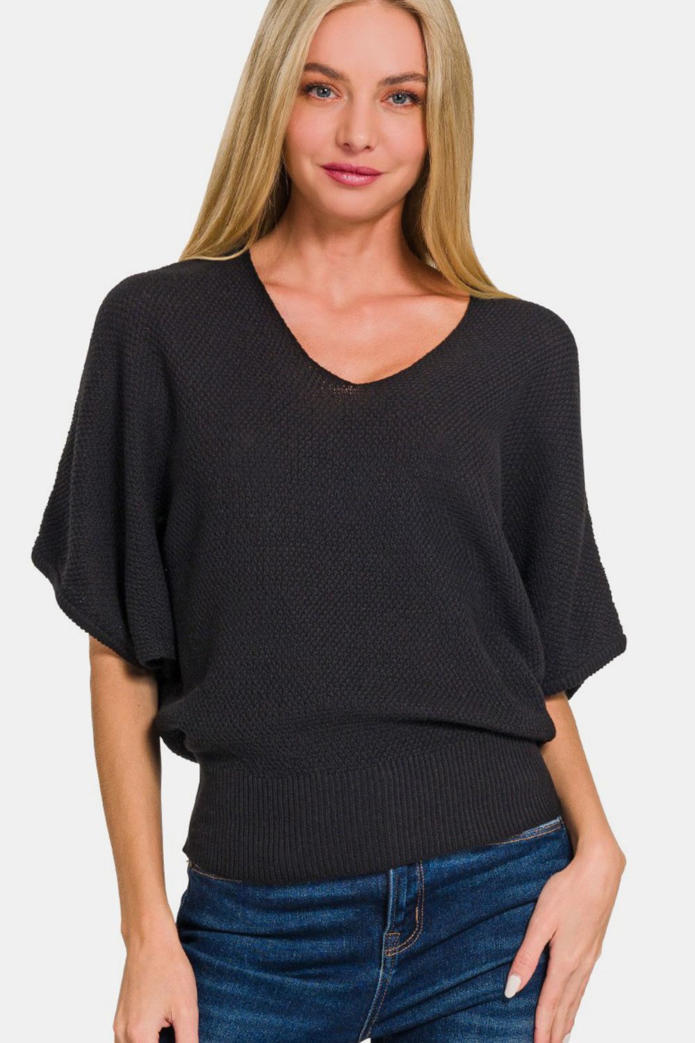 Zenana V-Neck Short Sleeve Dolman Sweater in Black Southern Soul Collectives