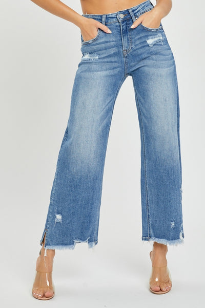 Risen High Rise Side Slit Raw Hem Cropped Jeans Southern Soul Collectives