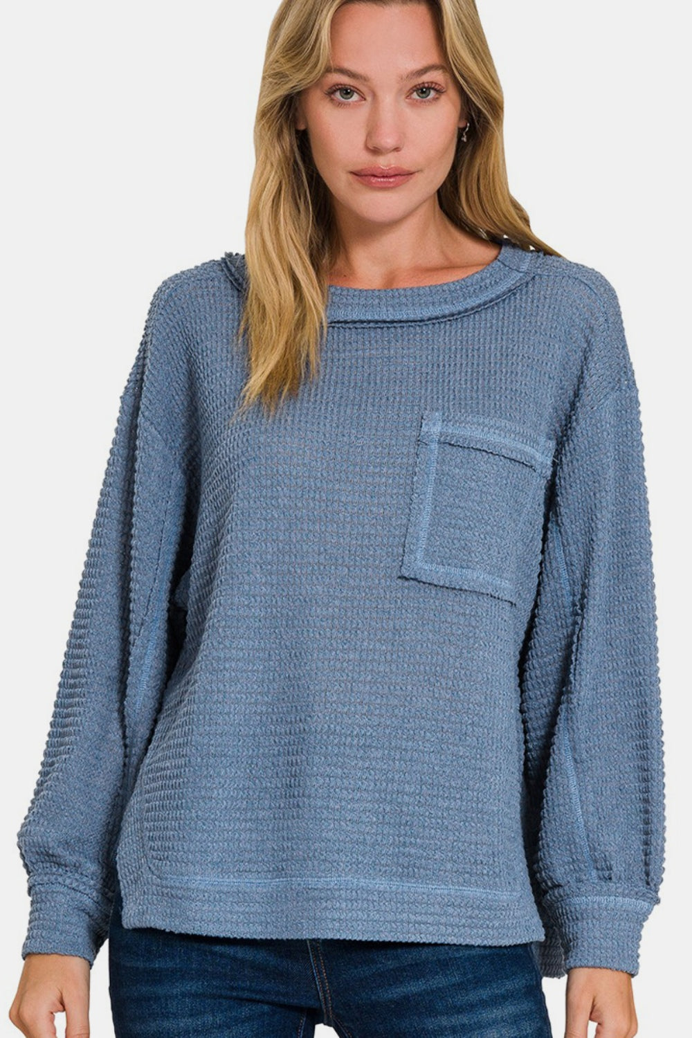 Zenana Exposed Seam Side Slit Long Sleeve Top in Dusty Blue Southern Soul Collectives