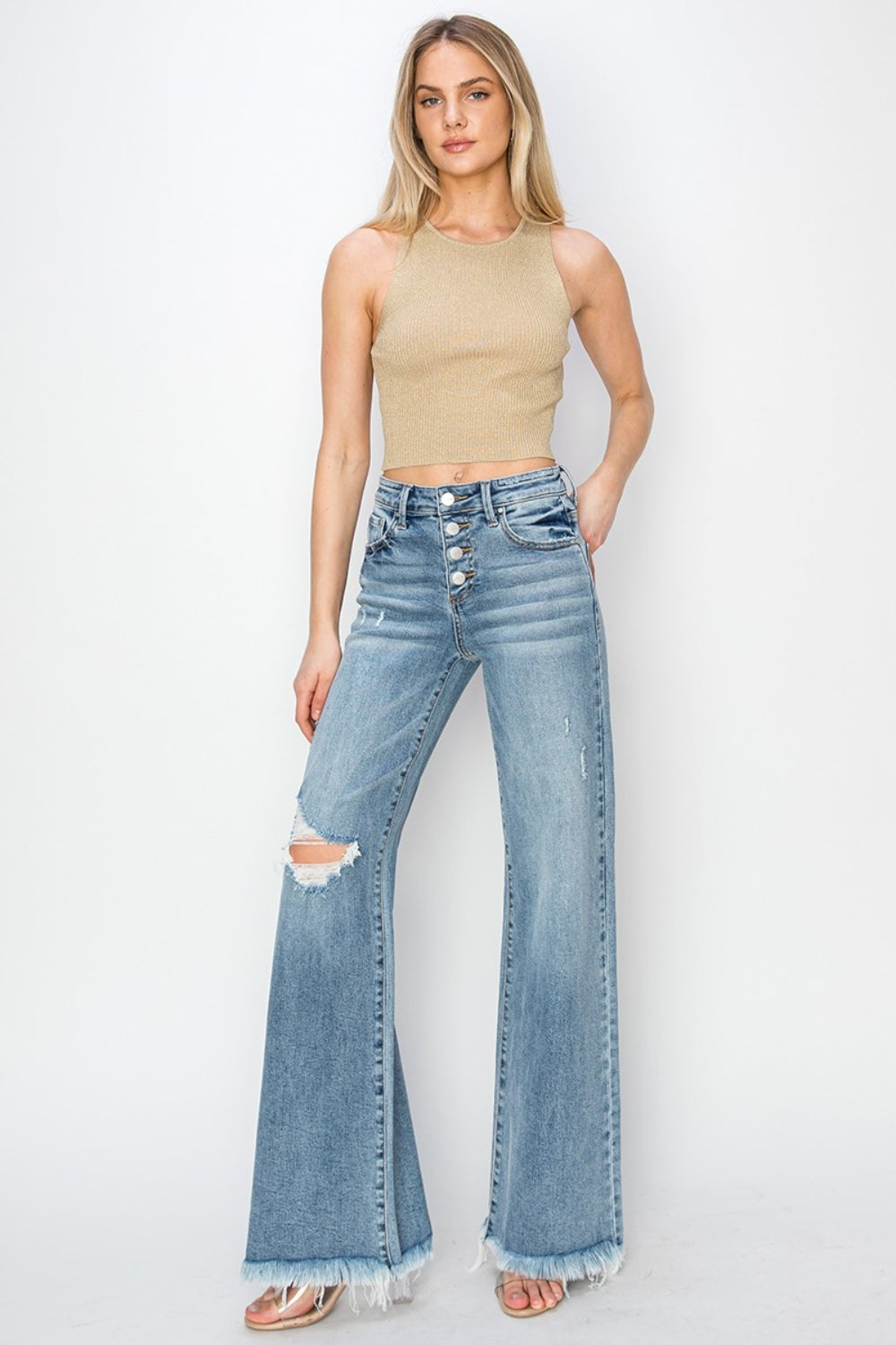 RISEN Mid Rise Button Fly Wide Leg Jeans Southern Soul Collectives