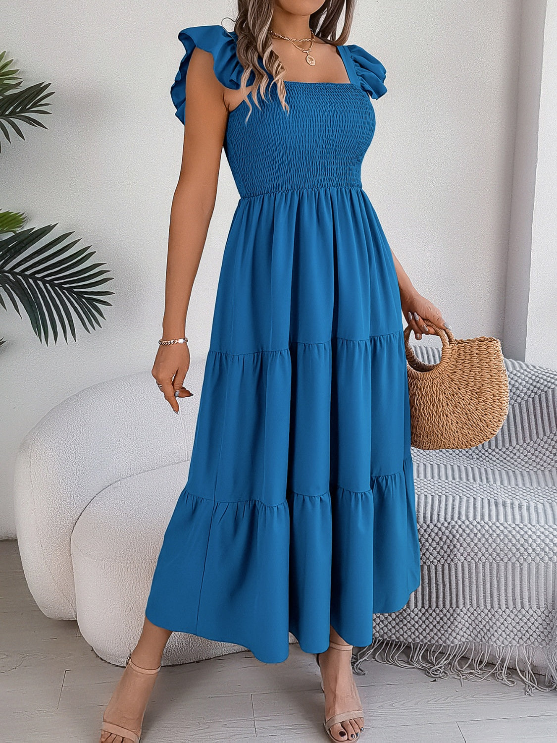 Smocked Square Neck Cap Sleeve Midi Dress Southern Soul Collectives