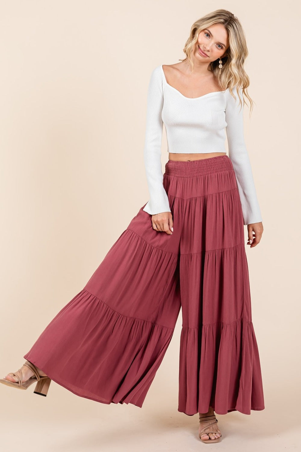 Tier Detail Smocked Elastic Waist Wide Leg Pants in Sienna Magenta Southern Soul Collectives