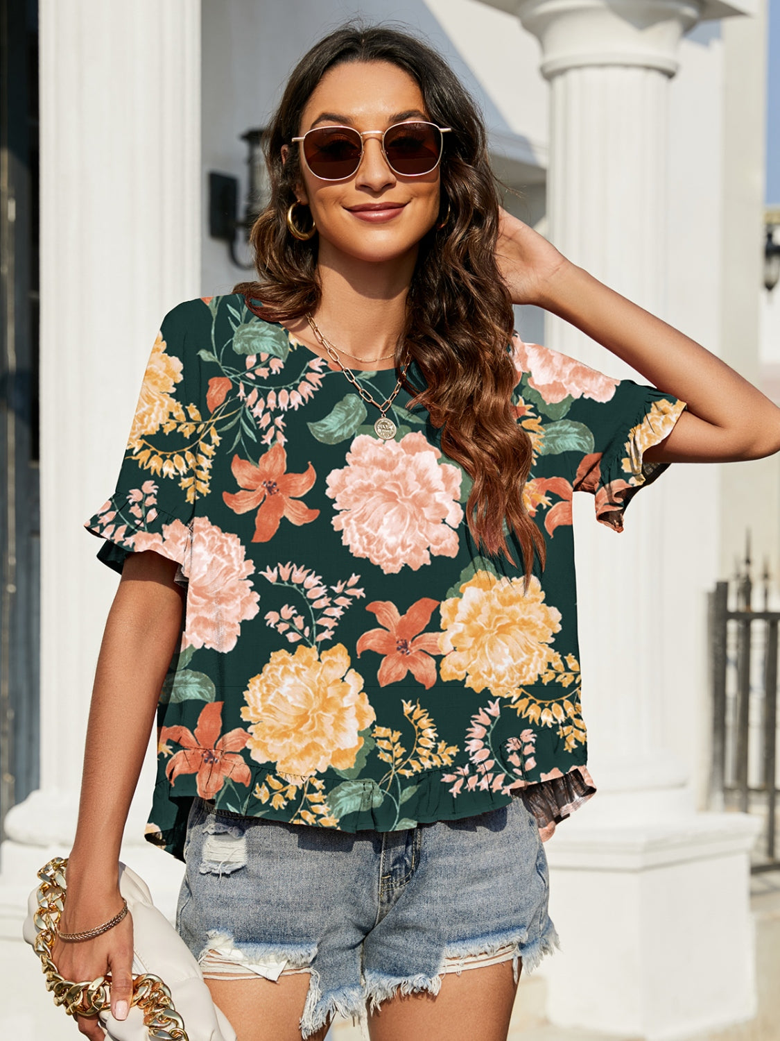 Double Take Floral Ruffled Short Sleeve Blouse Southern Soul Collectives