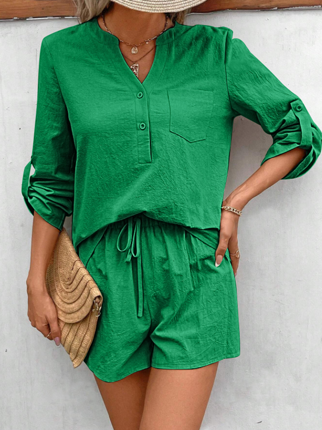 Notched V-Neck Button Front Rolled Long Sleeve Top and Shorts Set in Multiple Colors Southern Soul Collectives