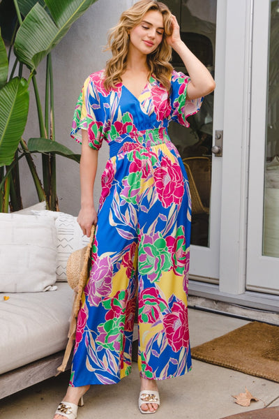 ODDI Full Size Floral Smocked Tied Back Jumpsuit Southern Soul Collectives