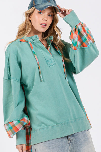 SAGE + FIG Full Size Plaid Print Washed Hoodie Southern Soul Collectives