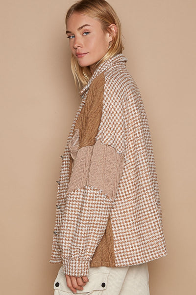 Houndstooth Contrast Cable Knit Pocket Shacket in Mocha Southern Soul Collectives