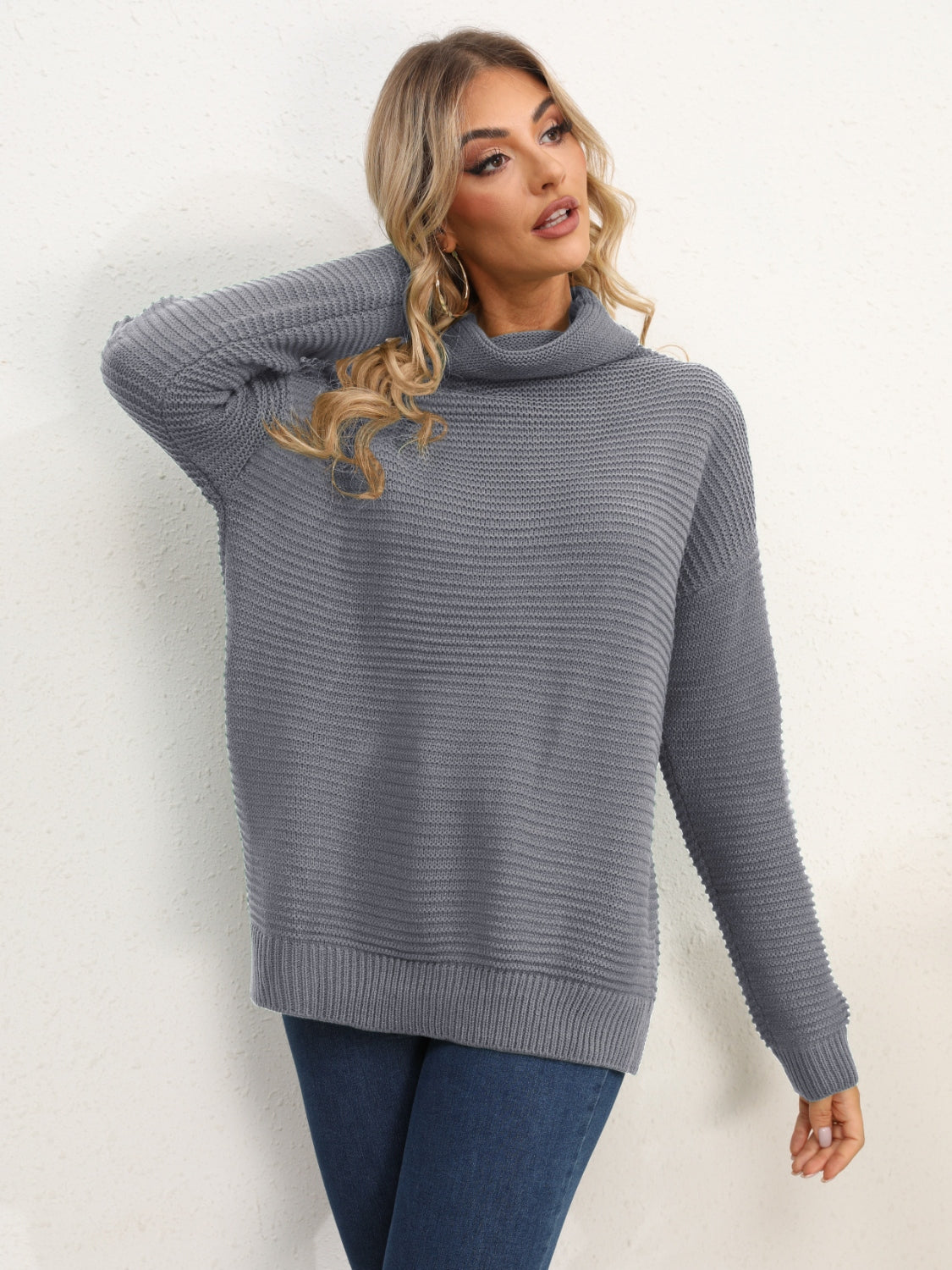 Slit Turtleneck Dropped Shoulder Sweater Southern Soul Collectives