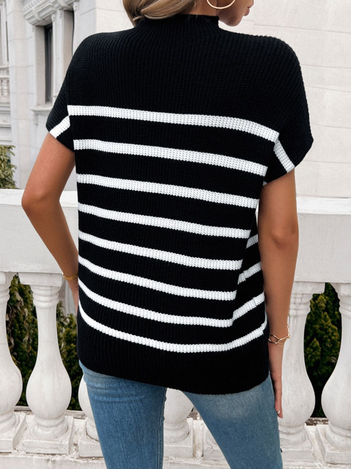 Devine Striped Mock Neck Short Sleeve Sweater Southern Soul Collectives