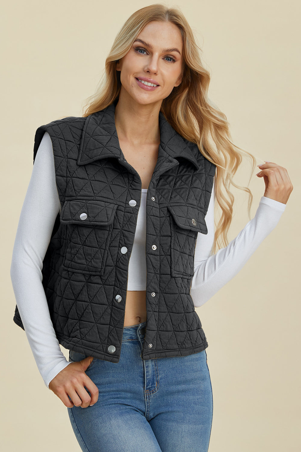 Double Take Full Size Pocketed Texture Snap Down Vest Coat Southern Soul Collectives