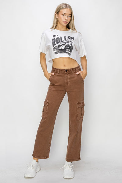 Risen High Rise Cargo Jeans in Espresso Brown Southern Soul Collectives