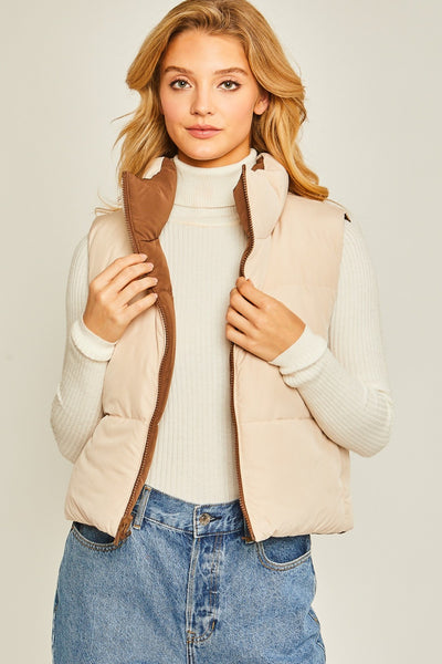 Zip Up Cropped Contrast Reversible Vest in Cocoa Camel Southern Soul Collectives