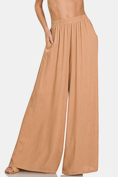 Zenana Pleated Linen Blend Wide Leg Pants in Dark Brush Southern Soul Collectives
