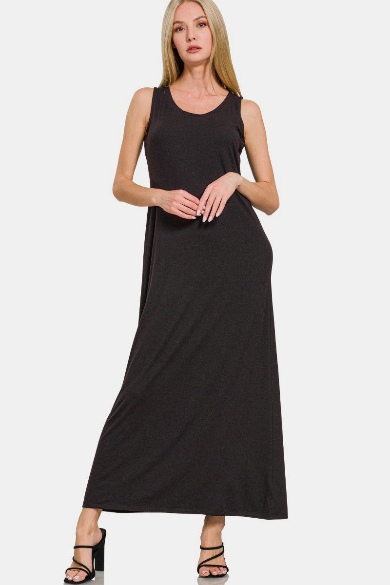 Zenana Scoop Neck Wide Strap Tank Maxi Dress in Black Southern Soul Collectives