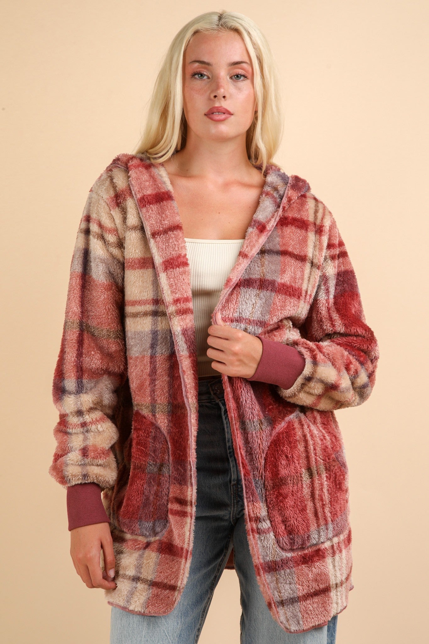 VERY J Fuzzy Plaid Long Sleeve Hooded Jacket Southern Soul Collectives