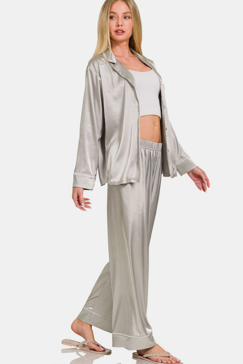 Zenana Satin Long Sleeve Shirt and Pants Pajama Set Southern Soul Collectives