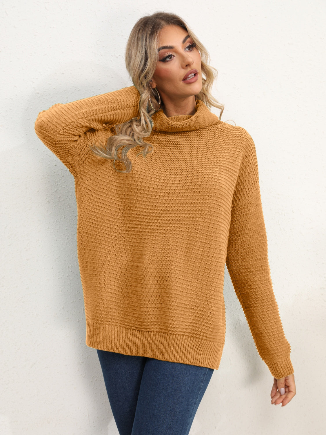 Slit Turtleneck Dropped Shoulder Sweater Southern Soul Collectives