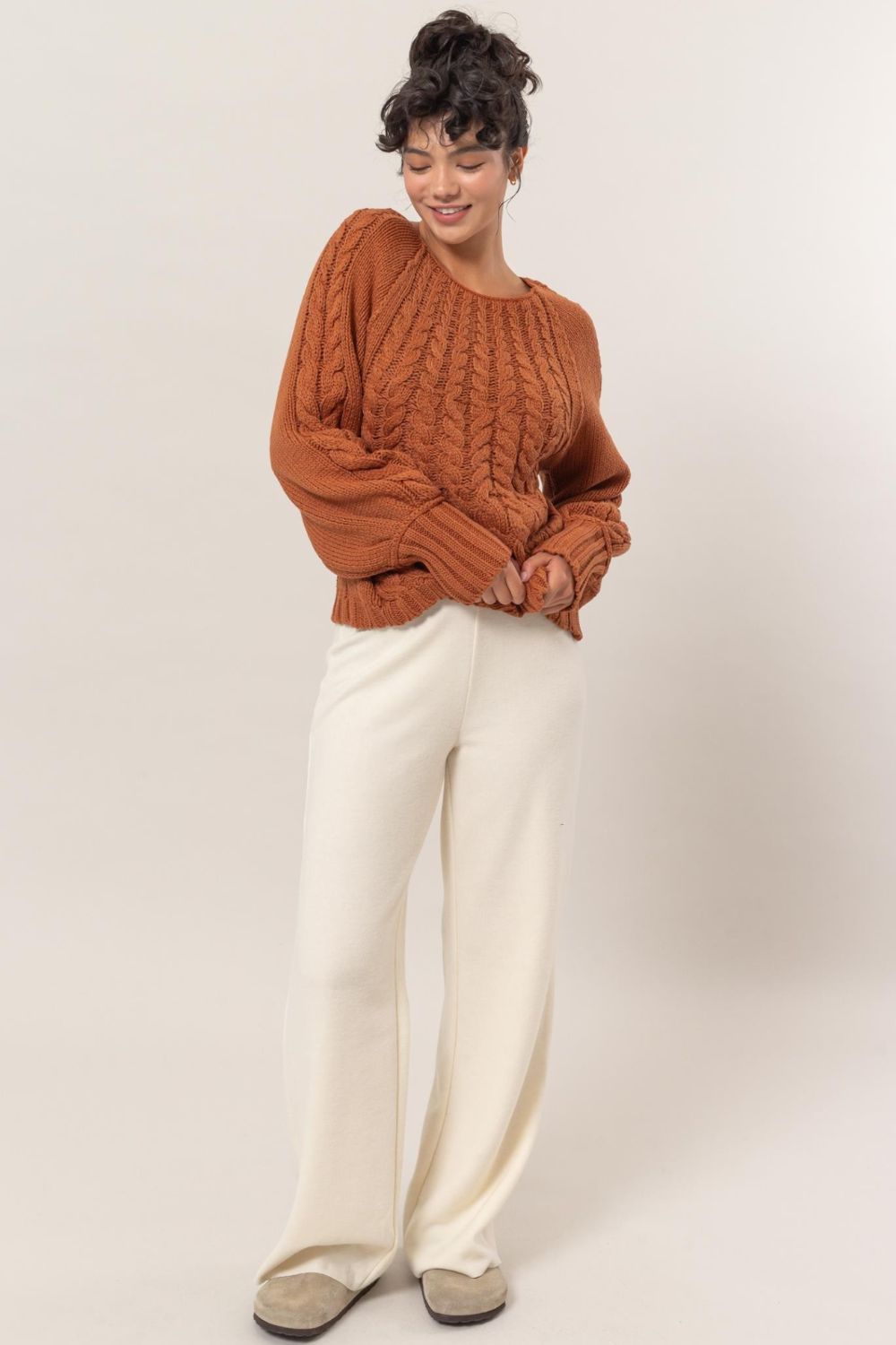 Cable-Knit Round Neck Raglan Sleeve Sweater in Rust Southern Soul Collectives