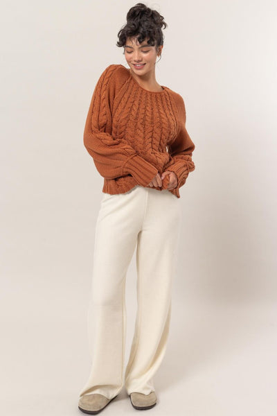 Cable-Knit Round Neck Raglan Sleeve Sweater in Rust Southern Soul Collectives