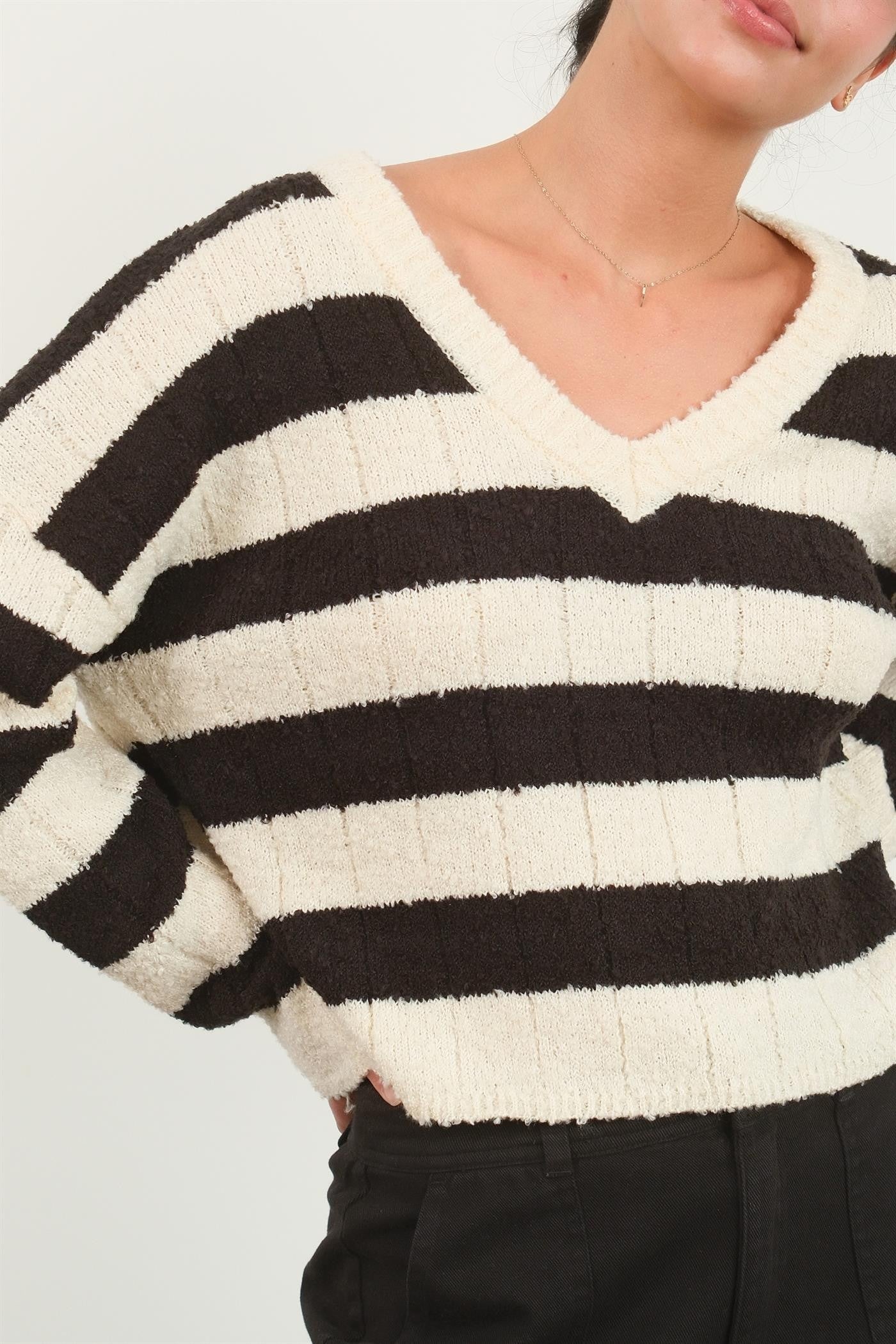 HYFVE Contrast Striped Cropped V-Neck Sweater Southern Soul Collectives