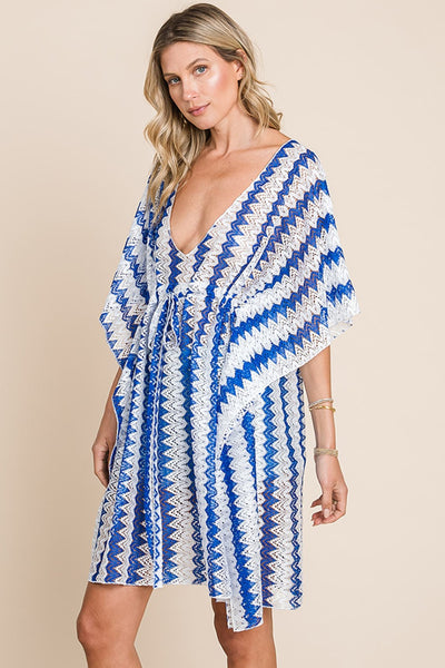 Front Tie Blue Striped Plunge Half Sleeve Swimwear Cover-Up Southern Soul Collectives