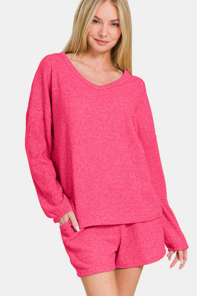 Zenana V-Neck Long Sleeve Ribbed Top and Shorts Set in Strawberry Pink Southern Soul Collectives