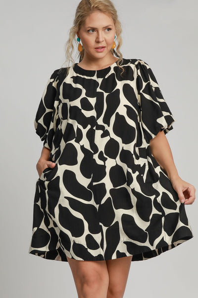 Two Tone Abstract Print Puff Sleeve Dress in Black Southern Soul Collectives