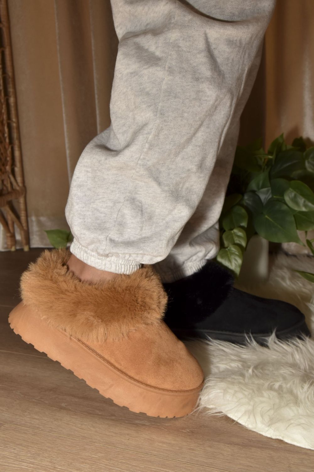 Faux-Fur Platform Slip On Booties in Camel Brown Southern Soul Collectives