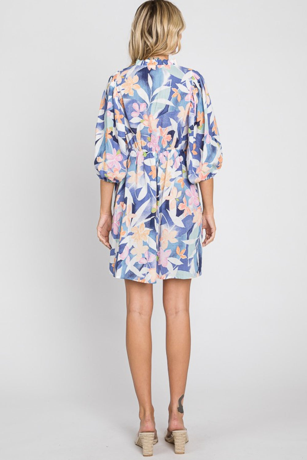 Floral Print Balloon Sleeves Mini Dress in Blue Southern Soul Collectives