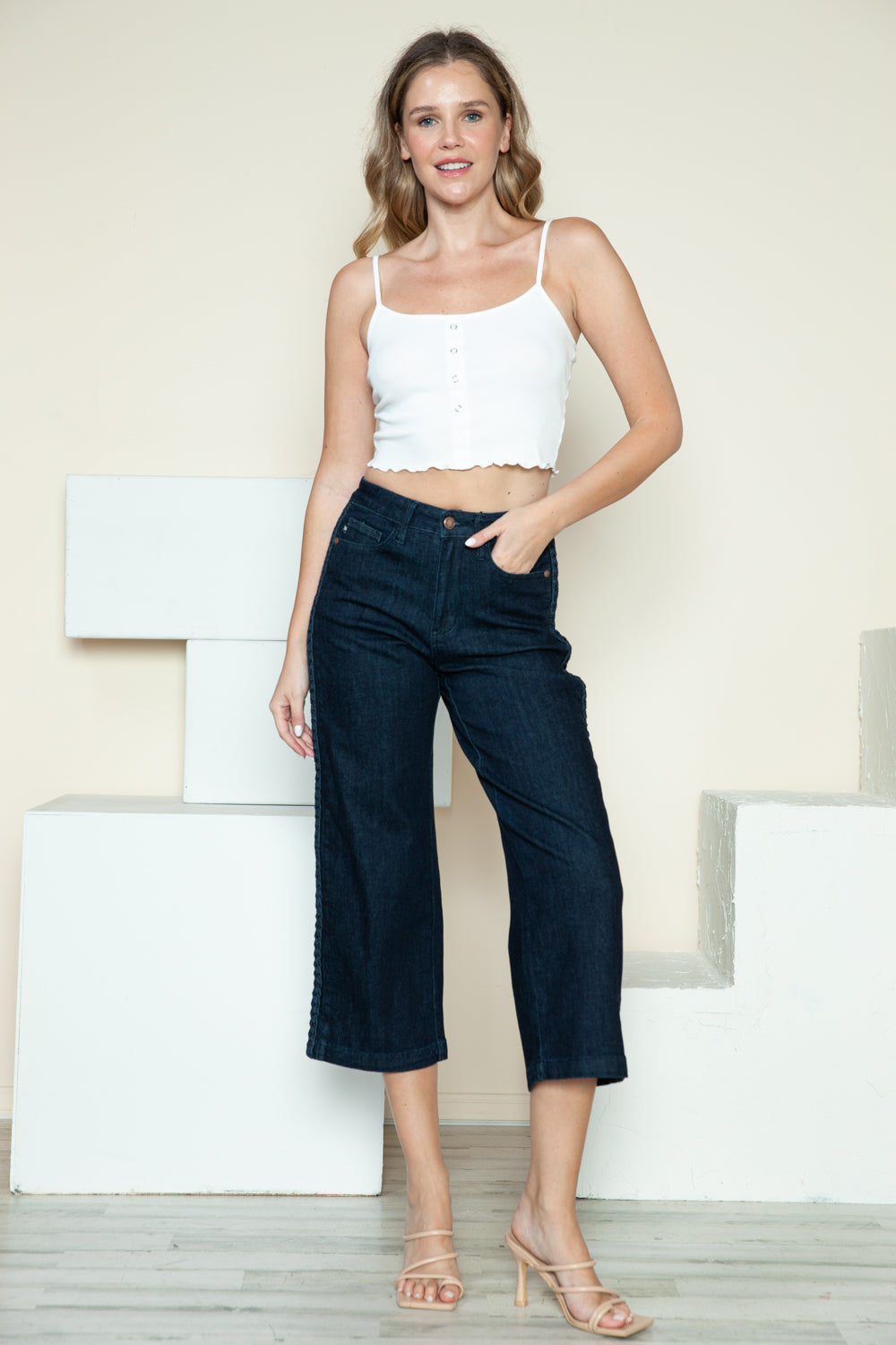 Judy Blue Side Seam Braid Detail Crop Wide Leg Jeans Southern Soul Collectives