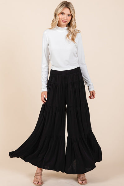 Tier Detail Smocked Elastic Waist Wide Leg Pants in Black Southern Soul Collectives