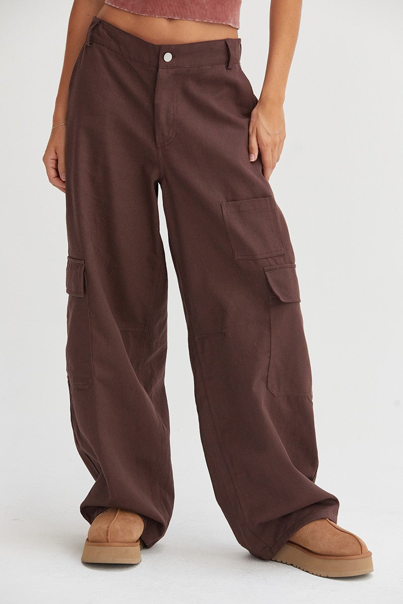 Elastic Waist Wide-Leg Cargo Pants in Brown Southern Soul Collectives