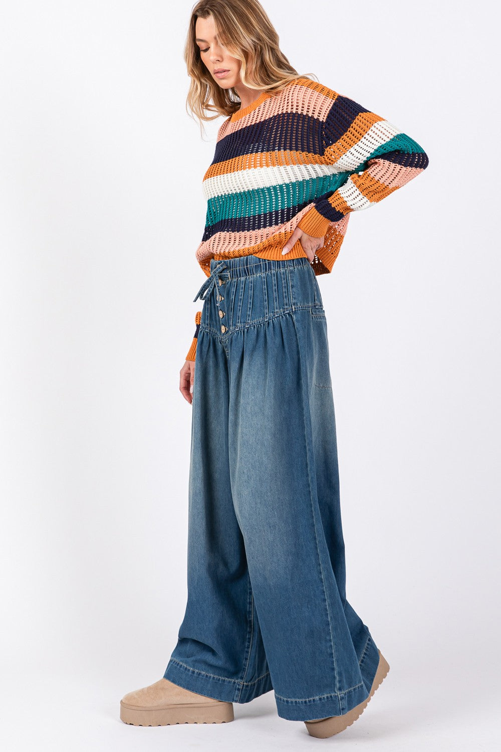 SAGE+FIG Smocked Waist Band Wide Leg Jeans Southern Soul Collectives