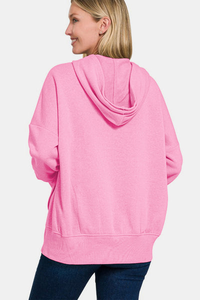 Zenana Half Snap Long Sleeve Hoodie with Kangaroo Pocket in Pink Southern Soul Collectives