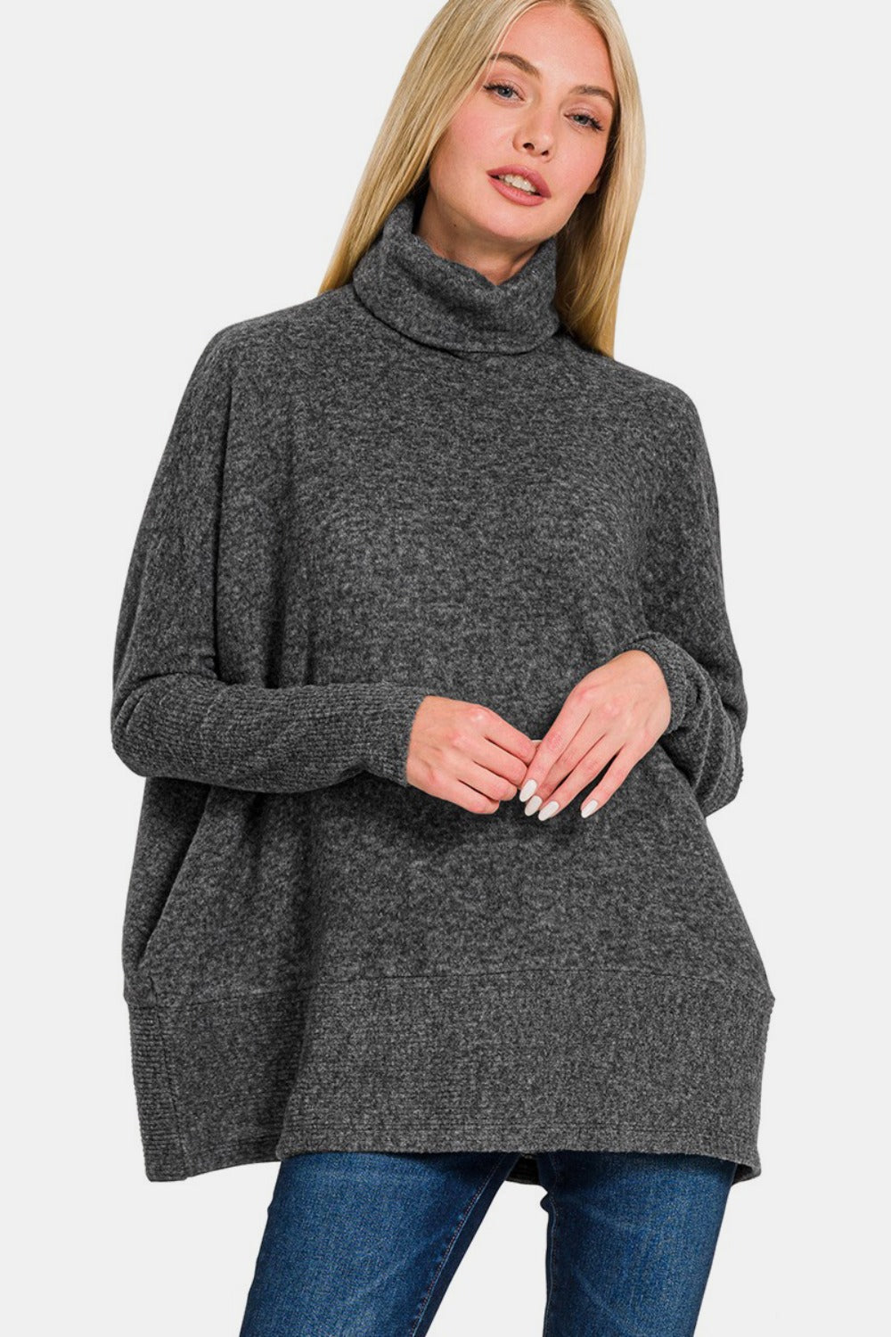 Zenana Full Size Brushed Melange Hacci Turtleneck Sweater Southern Soul Collectives