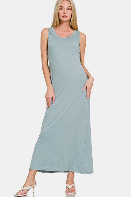 Zenana Scoop Neck Wide Strap Tank Maxi Dress in Airforce Blue Southern Soul Collectives