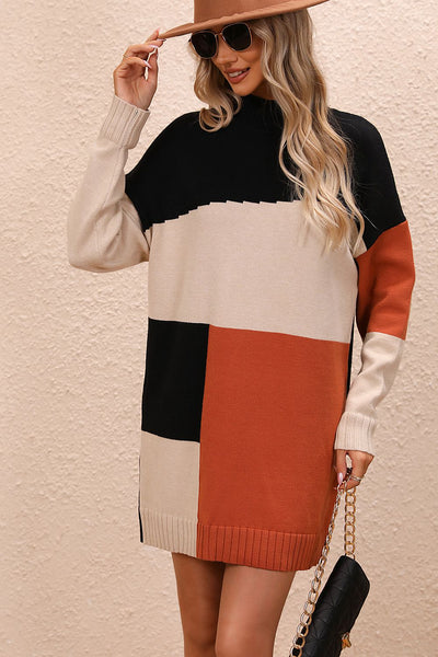 Color Block Mock Neck Dropped Shoulder Sweater Dress Southern Soul Collectives