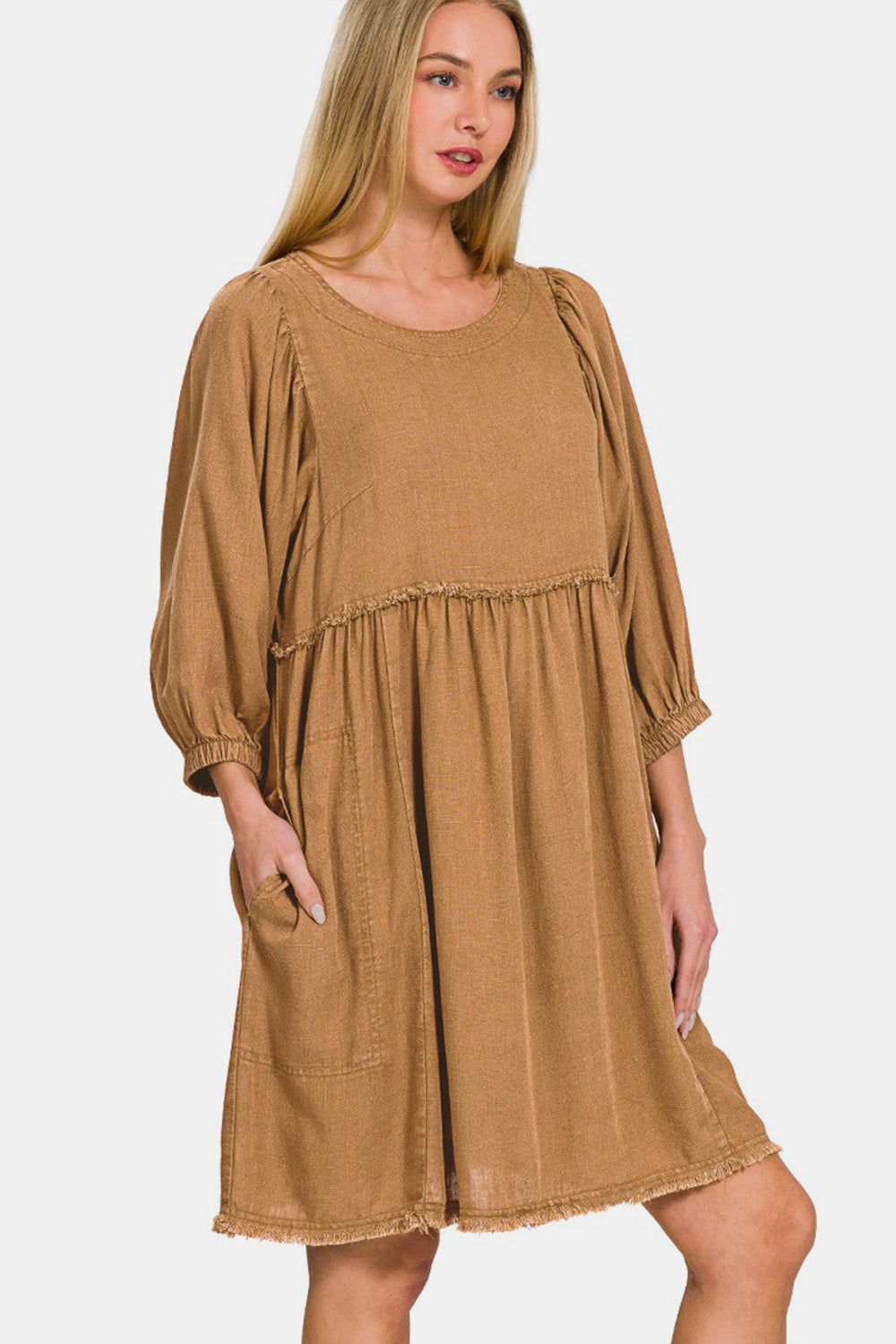 Zenana Washed Linen Pleated Puff Sleeve Babydoll Dress Southern Soul Collectives