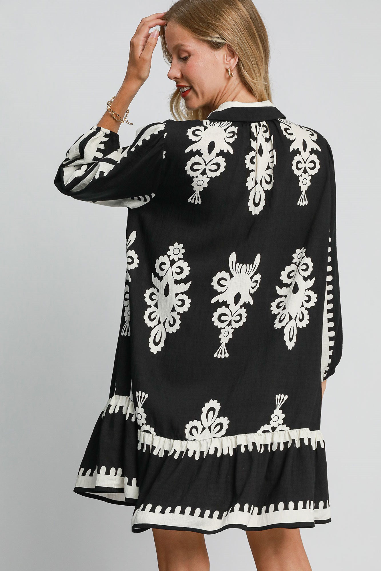 BOHO Border Print Button Down Ruffled Hem Dress in Black Southern Soul Collectives