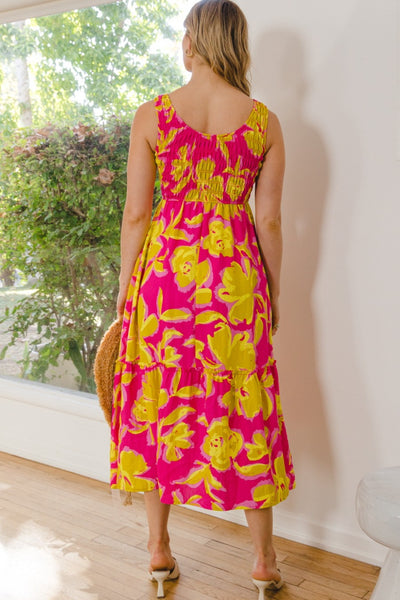 Hot in Floral Tank Smocked Ruffled Midi Dress in Hot Pink Southern Soul Collectives