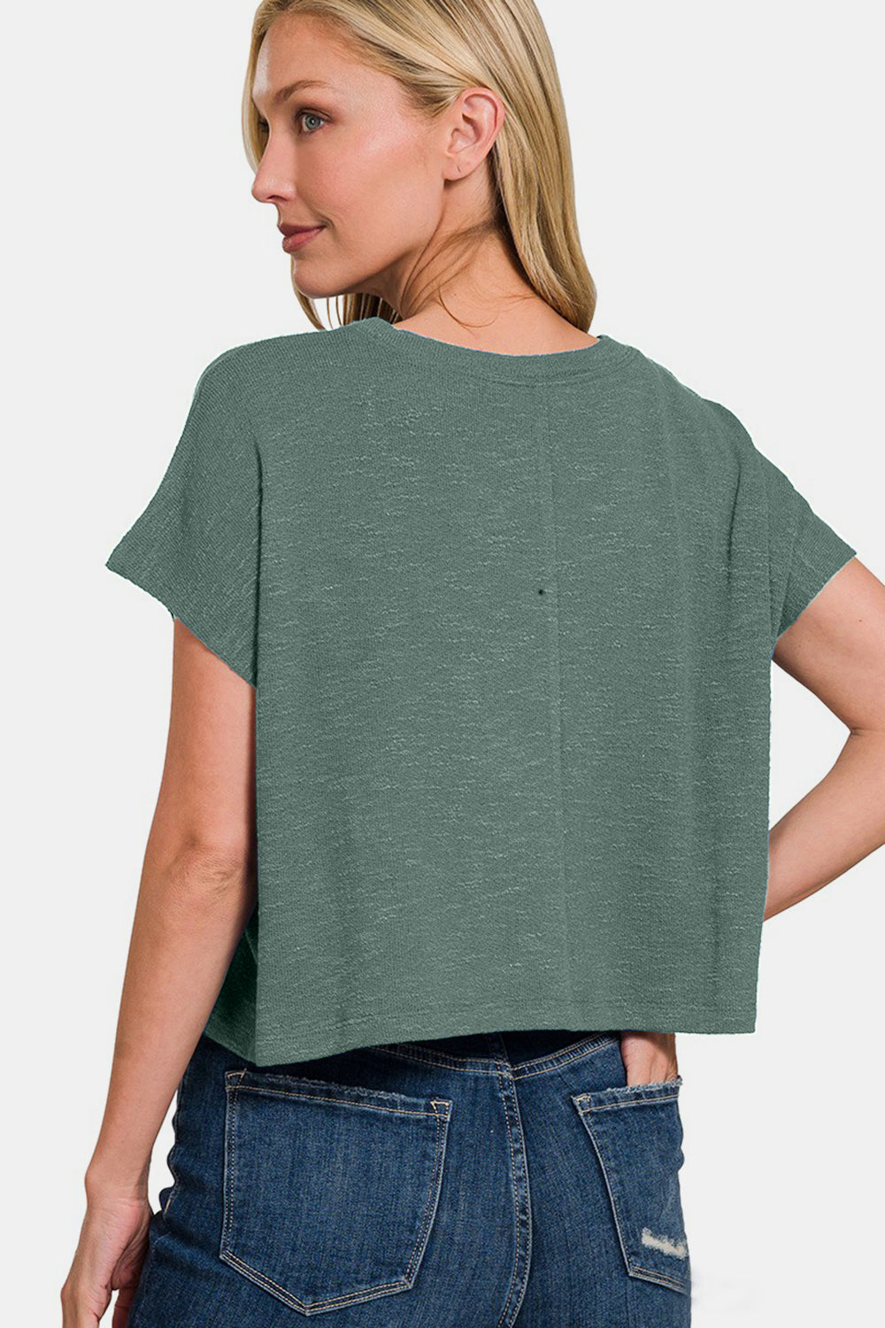 Zenana Round Neck Short Sleeve Crop T-Shirt in Ash Jade Green Southern Soul Collectives