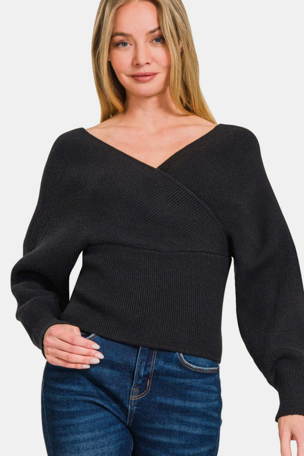 Zenana Cross Wrap Rib Long Sleeve Sweater Southern Soul Collectives