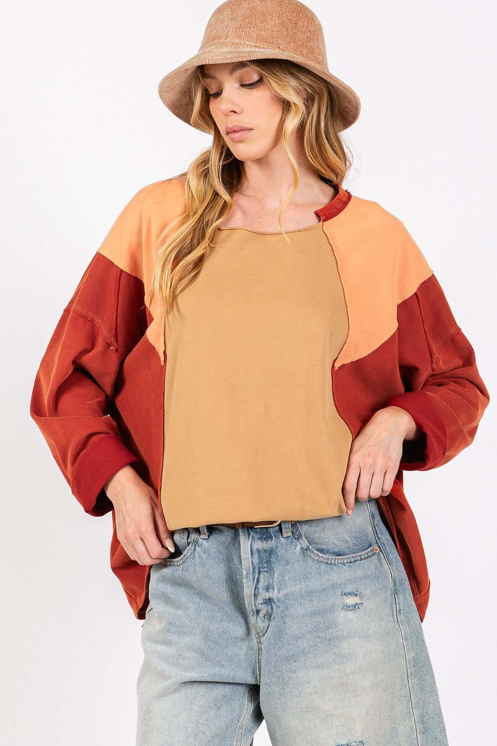 Mineral Wash Color Block Pullover Top in Red Toast Southern Soul Collectives