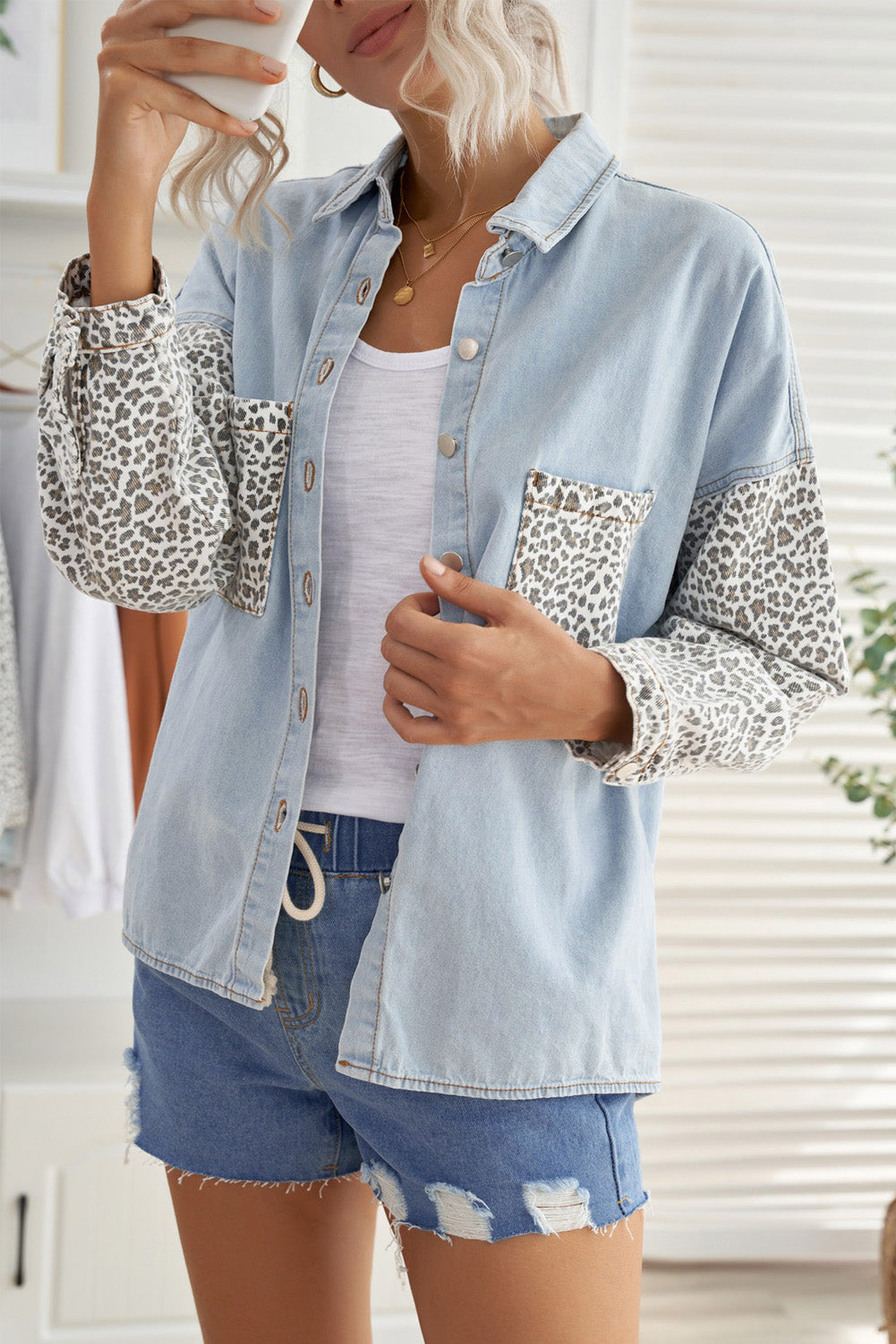 Double Take Leopard Contrast Denim Top Southern Soul Collectives