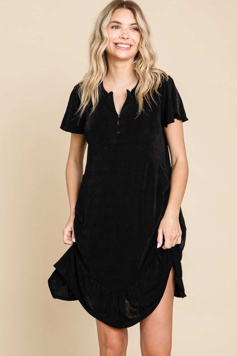 Hey Girl Notched Short Sleeve Mini Dress with Pockets in Black Southern Soul Collectives