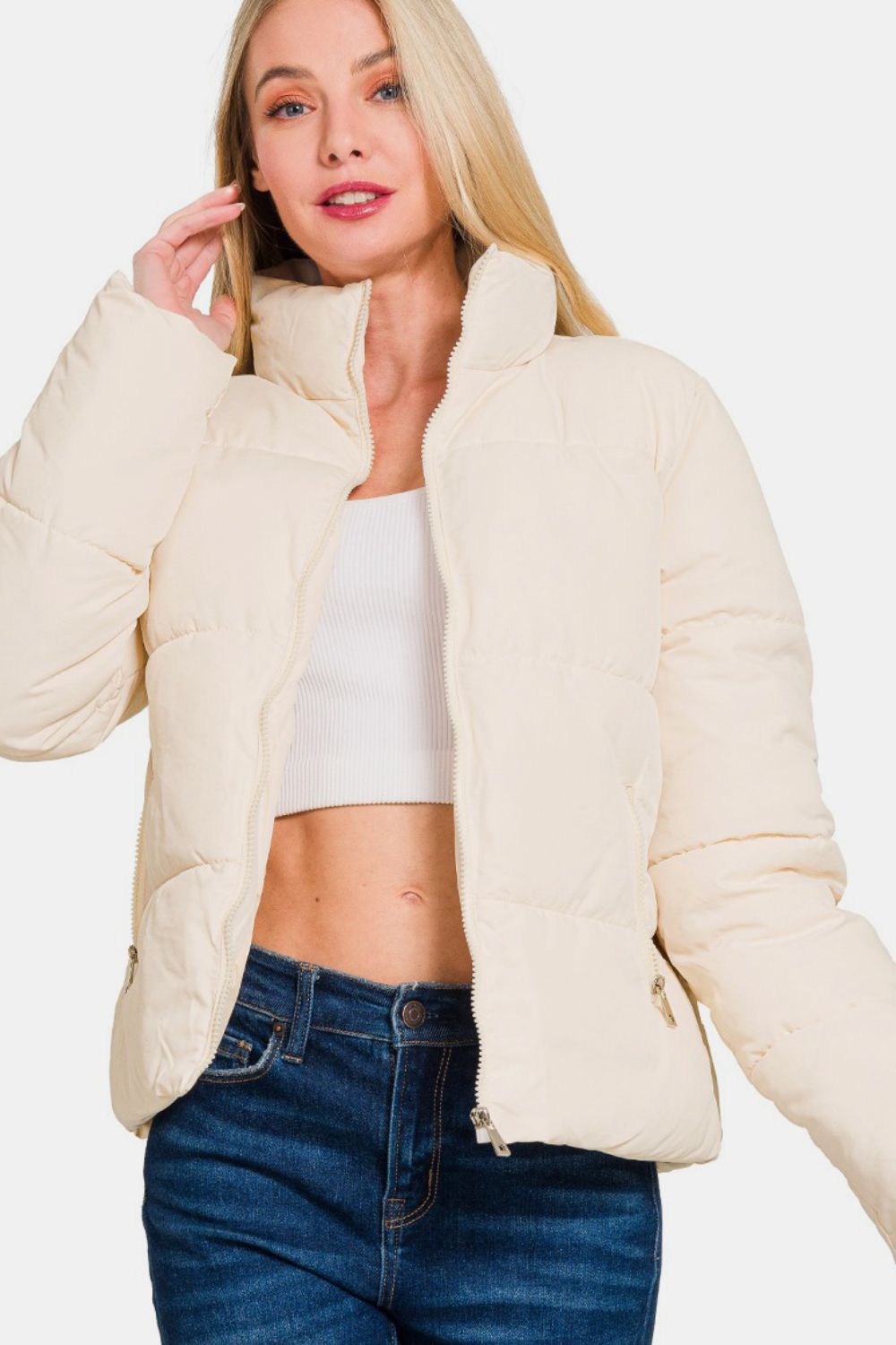 Zenana Zip Up Turtleneck Puffer Jacket with Pockets in Cream Southern Soul Collectives