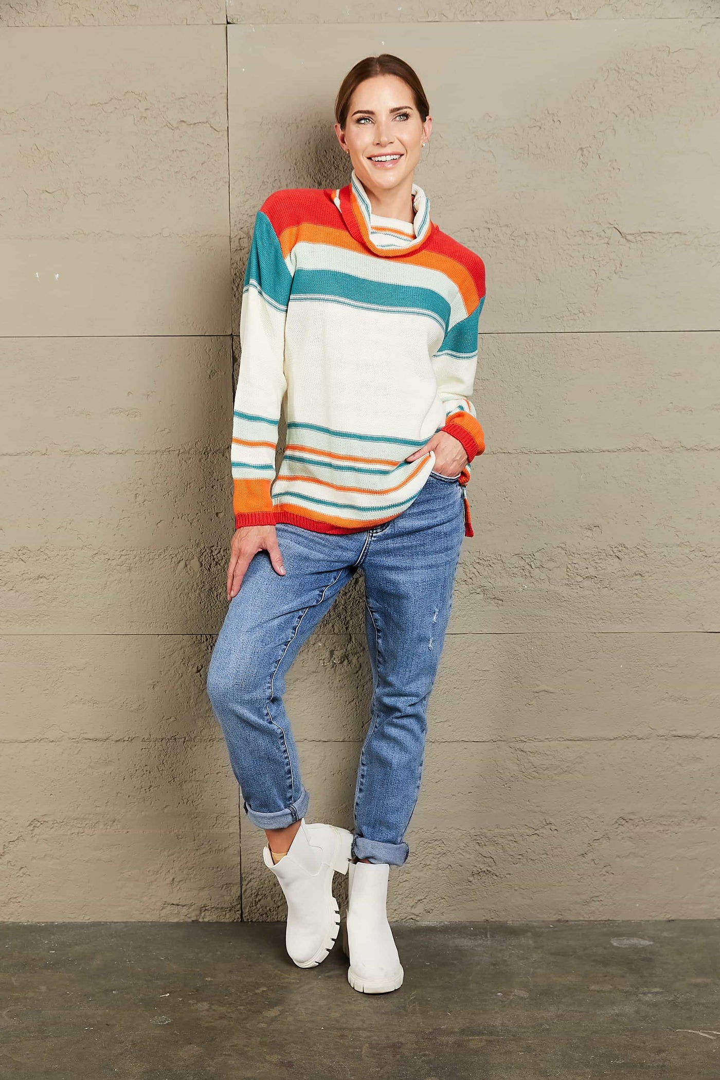 Woven Right Striped Turtleneck Drop Shoulder Sweater Southern Soul Collectives