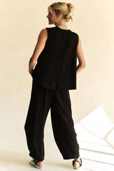 Drawstring Hem Round Neck Tank and Pants Set in Black Southern Soul Collectives