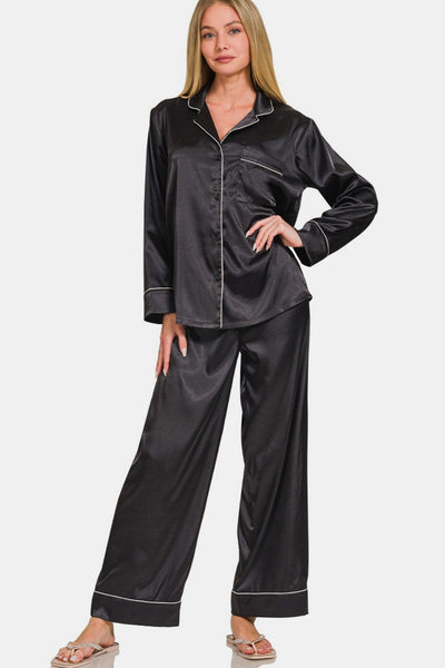 Zenana Satin Long Sleeve Shirt and Pants Pajama Set Southern Soul Collectives