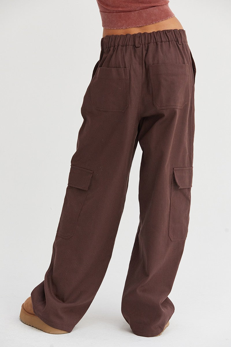 Elastic Waist Wide-Leg Cargo Pants in Brown Southern Soul Collectives